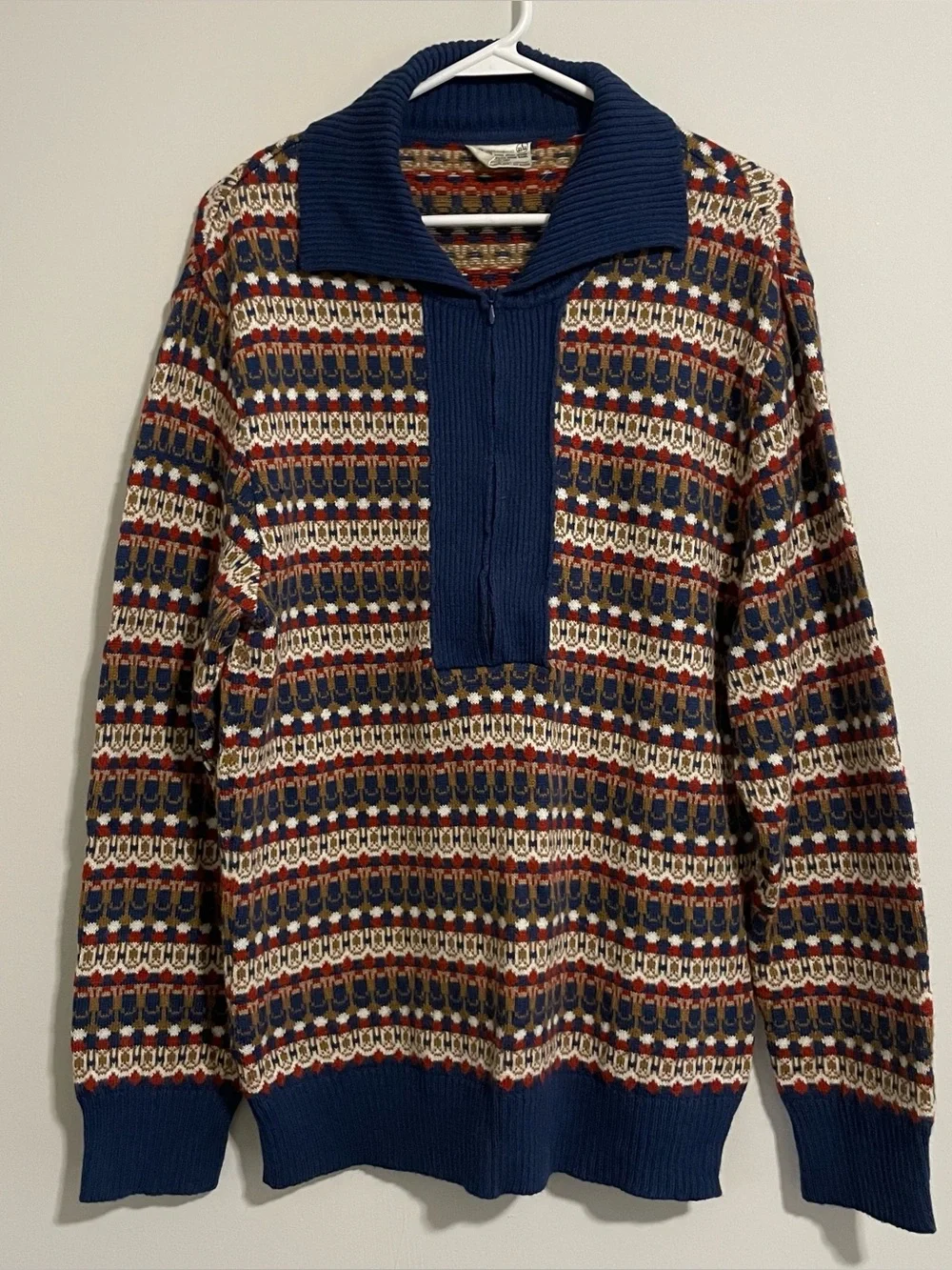 Vintage Kmart 80s Zip Up Pullover Striped Geometric Retro Colorful Sweater Sz L
